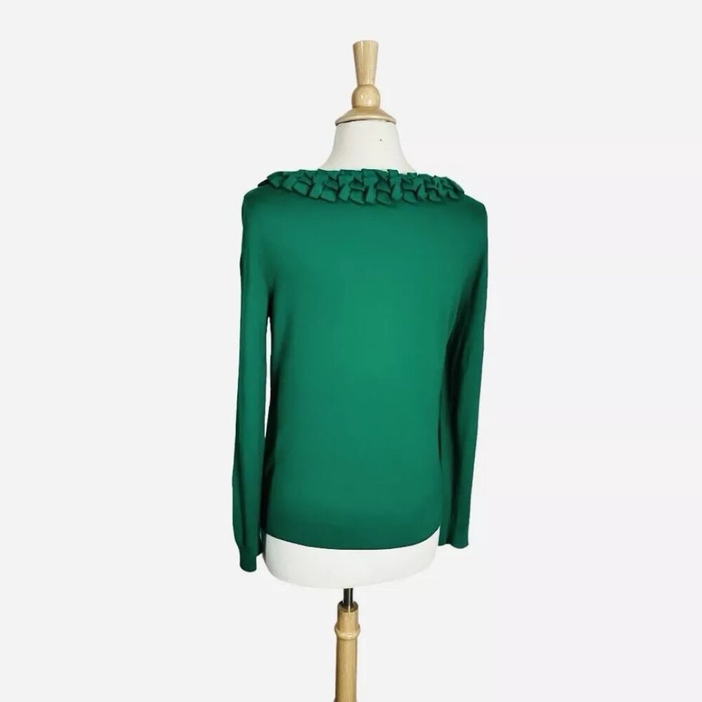 Talbots Silk Blend Sweater Petites L Kelly Green Rolled Ruffle Thin Knit - Picture 3 of 7
